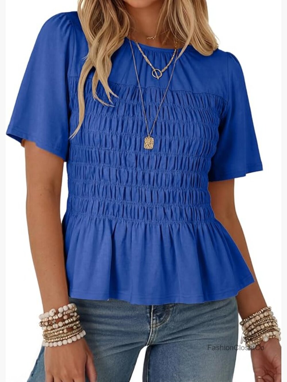 Smocked Peplum Ruffle Hem Short Sleeve Babydoll Top